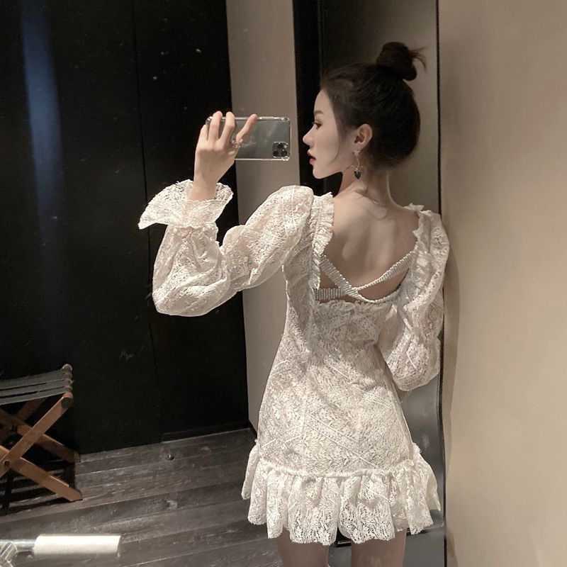 Sexy V-neck Open Back Long Sleeve Hollow Lace Dress