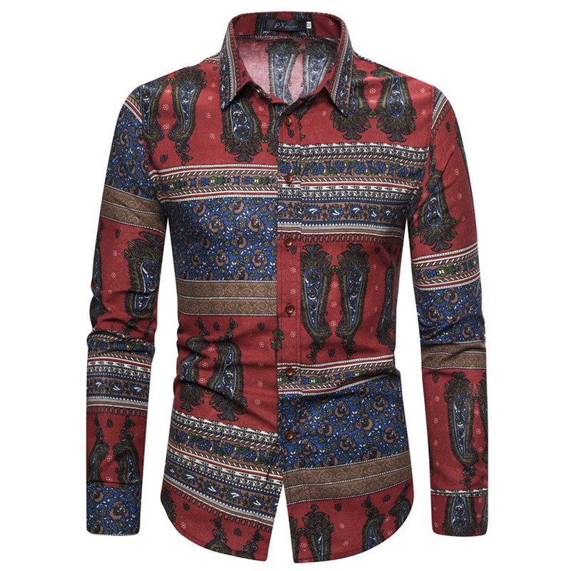 New Shirt Ethnic Style Floral Print Men's Casual Long Sleeved