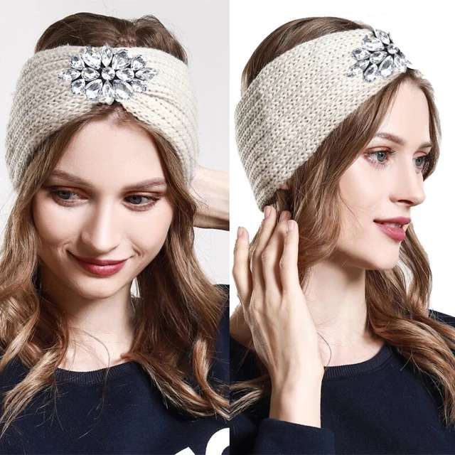 AWAYTR  Bandeau Tricote Avec Strass Pour Femme, Serre-Tete, Turban Elastique, Accessoires Pour Cheveux, Automne Et Hiver