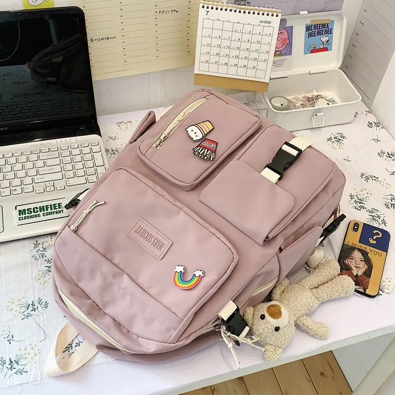 Ins College Style Girl Backpack Japanese Harajuku Vintage Student Schoolbag Female Travel Backpack - Pink