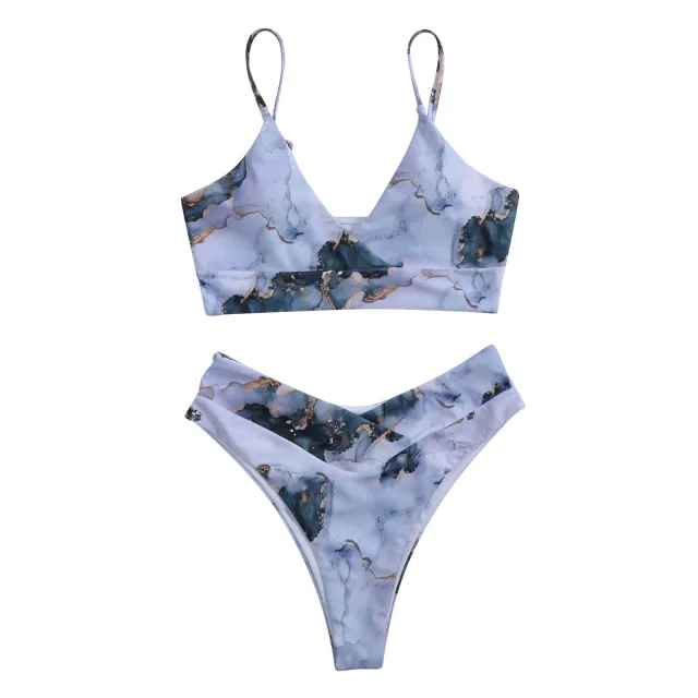 Marble Blooming Split Sexy Bikini Swimsuit Blue - Shop at LoveMi