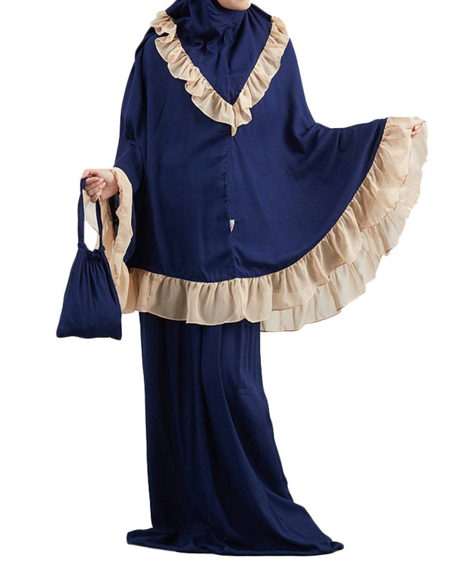 Muslim Kids Ramadan Girls Long Sleeve Dress Hijab Abaya Robe Arab Dubai Children Kaftan Headscarf Islamic Kids Robe Jilbab Navy - Shop at LoveMi