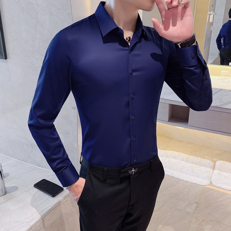 New Men's Long Sleeved Shirt Solid Color Slim Fitting Shirt