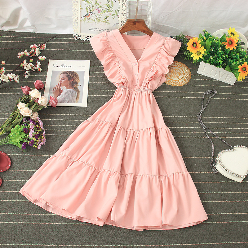 High-waisted V-neck Ruffled Sleeveless Dress