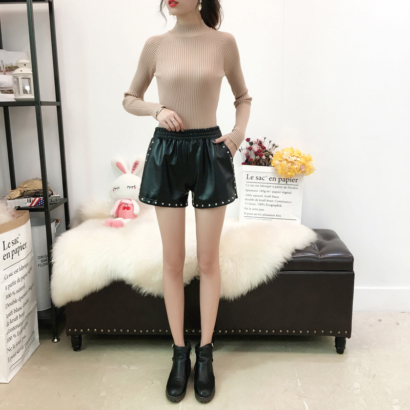 Leather Shorts Women New Fashion Loose Korean Version Of The High Waist A-Line All-Match Slimming Autumn Leather Pants Women's Winter Wear