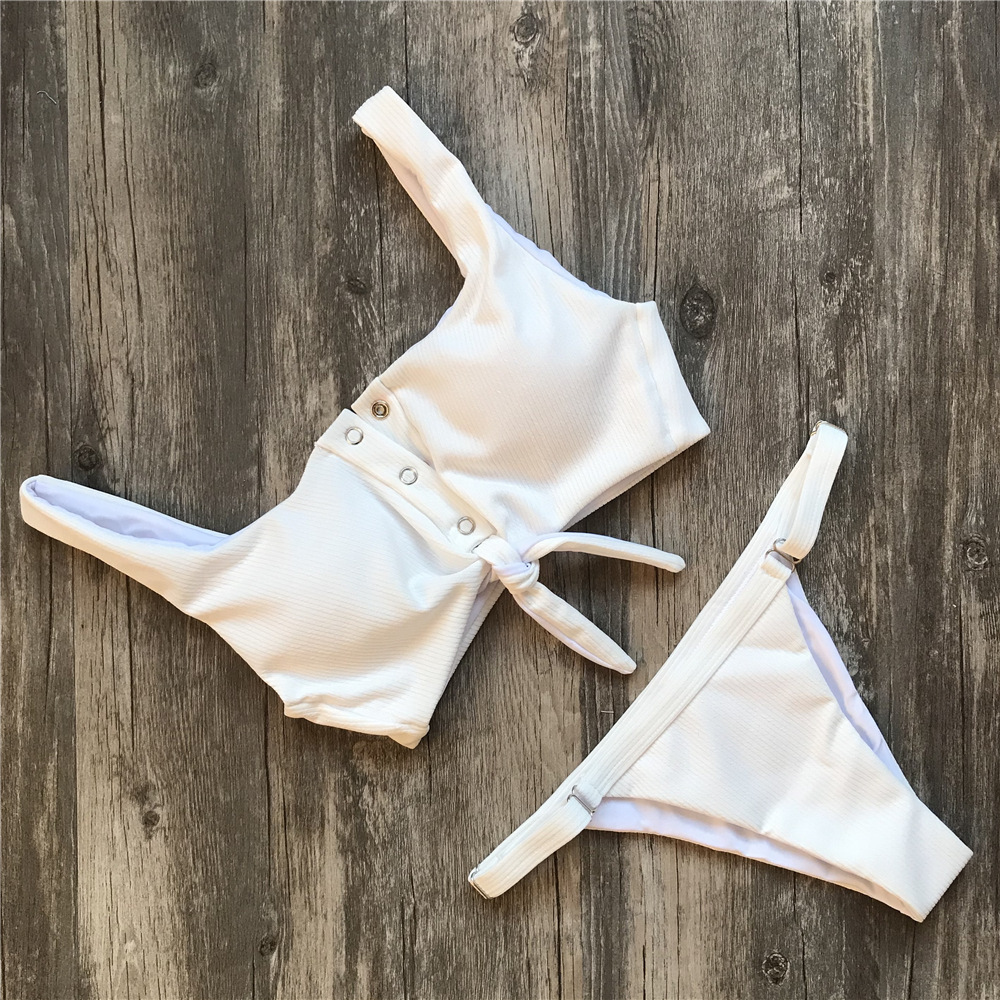 Women'S Bikini Swimsuit Solid Color Ribbed Snake Cloth Double Shoulder Strap Buttonhole Swimsuit