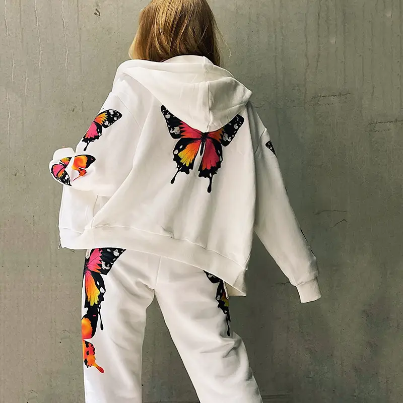 Cross-Border New Amazon Hot Style European And American Butterfly Print Lng-Sleeved Hooded Zipper Casual Sweater Suit Women