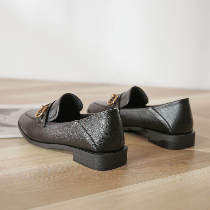 All-match Two-wear Square Toe Soft Leather Beanie Shoes Black Flat Shoes