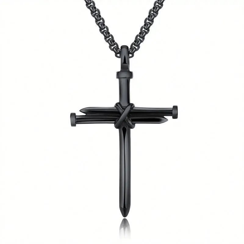 Steel Gold Black Color Fashion Mens Iron Nail Cross Pendant Necklace Stainless