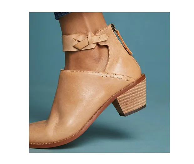 Women Cut Out Booties Buckle Strap Back Zipper Leather Ankle Casual Boots Apricot - Shop at LoveMi