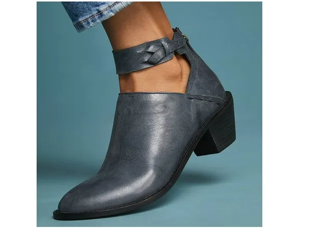Women Cut Out Booties Buckle Strap Back Zipper Leather Ankle Casual Boots Grey - Shop at LoveMi