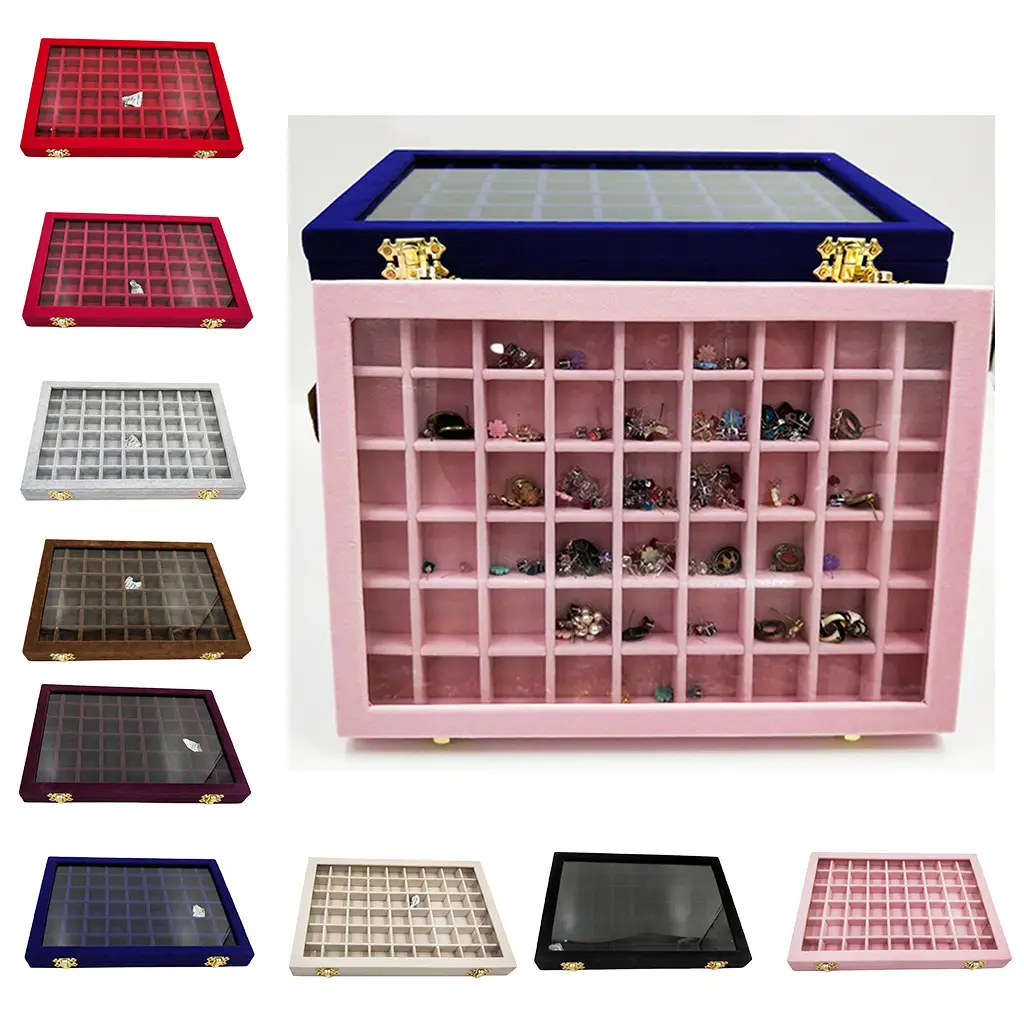 Flannel Large Jewelry Box Nail Art Jewelry Display Box With Glass Lid