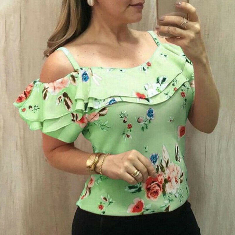 Off-the-shoulder Top Floral Shirt Spaghetti Belt Top Ladies Slim Fit Shirt