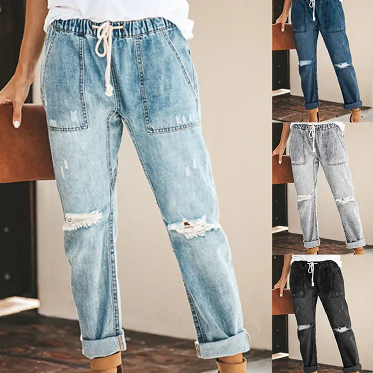 Straight Ripped Jeans for Women Drawstring Trousers with Pockets