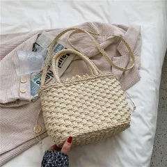 Western Style Straw Woven Bucket Bag - Beige - View 1