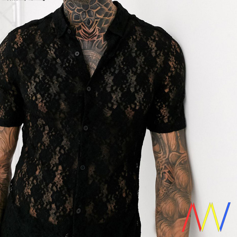 Men's Lace T-shirt Men's Transparent Shirt Top Nightclub