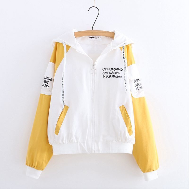 Small Fresh College Style Spring And Autumn New Letter Printing Hooded Jacket Student Girl Loose All-Match Plus Size Top