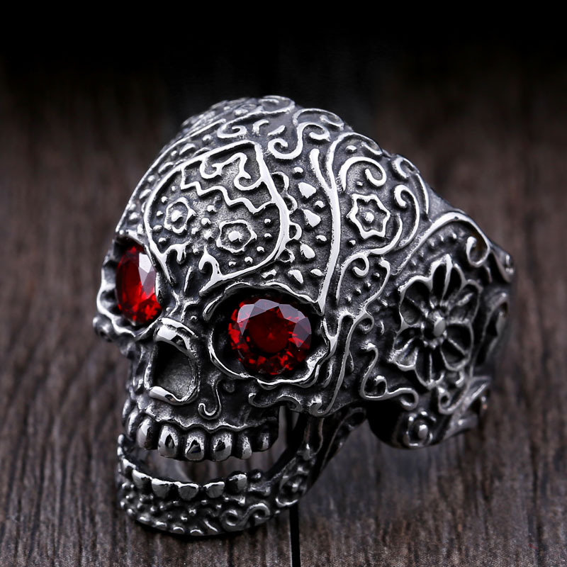 Personality Hipster Punk Hand Jewelry Wholesale Titanium Steel Inlaid Zircon Carved Skull  Ring