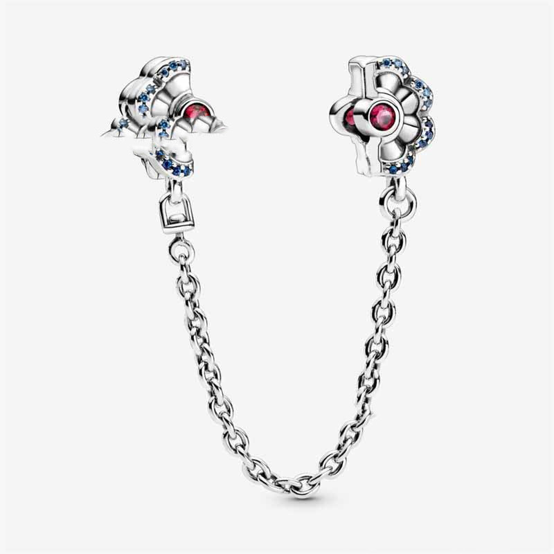 Charm Bracelet 925 Sterling Silver Hand Sparkling Moon Star Safety Chain Clip