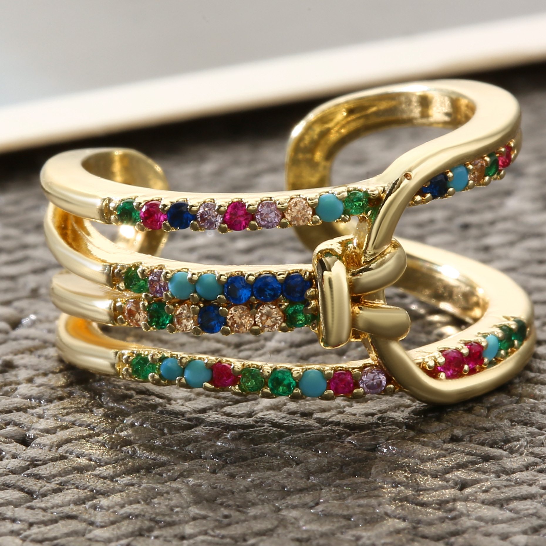 Colorful Micro-Inlaid Zircon Geometric Ring