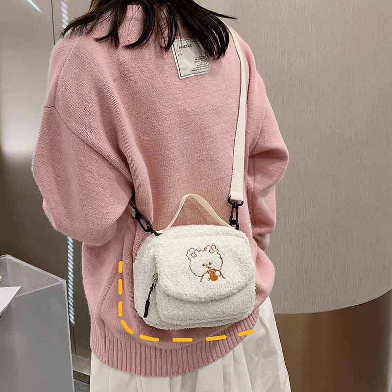 Women Mini Plush Shoulder Bag Female Small Canvas Cross Body Bags Ladies Embroidery Zipper Cloth Purse Mobile Phone Bag Tote - Image 3