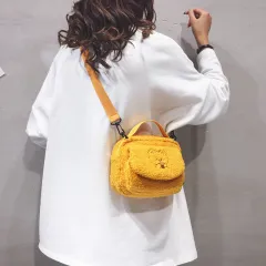 Women Mini Plush Shoulder Bag Female Small Canvas Cross Body Bags Ladies Embroidery Zipper Cloth Purse Mobile Phone Bag Tote - Yellow - View 1