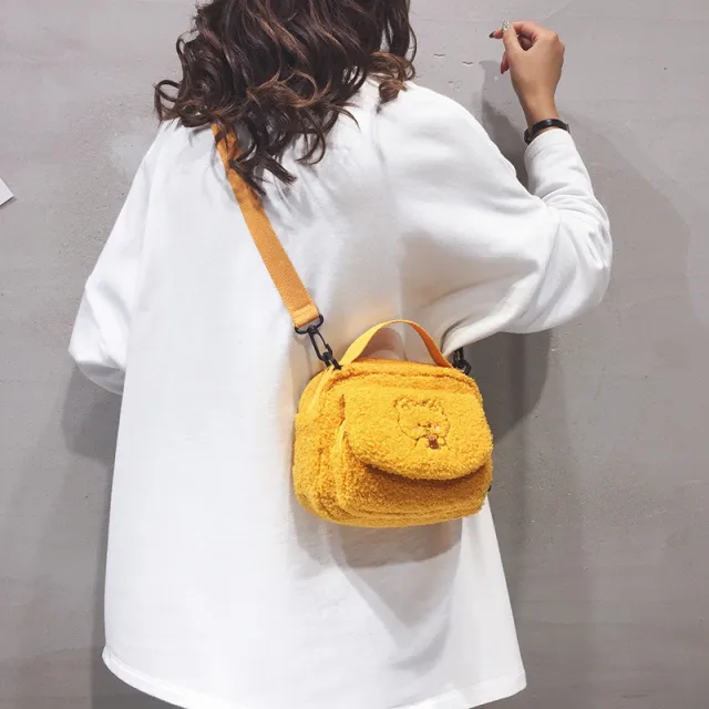 Women Mini Plush Shoulder Bag Female Small Canvas Cross Body Bags Ladies Embroidery Zipper Cloth Purse Mobile Phone Bag Tote Yellow - Shop at LoveMi