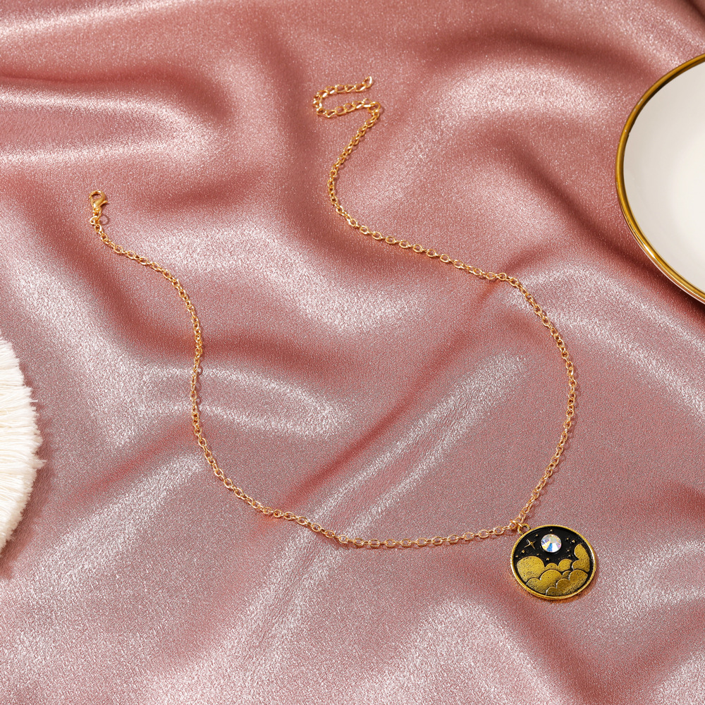 Creative Color Night Sky Necklace Art Retro Moon Clouds Years Clavicle Chain Personality Cartoon Geometric Round Pendant