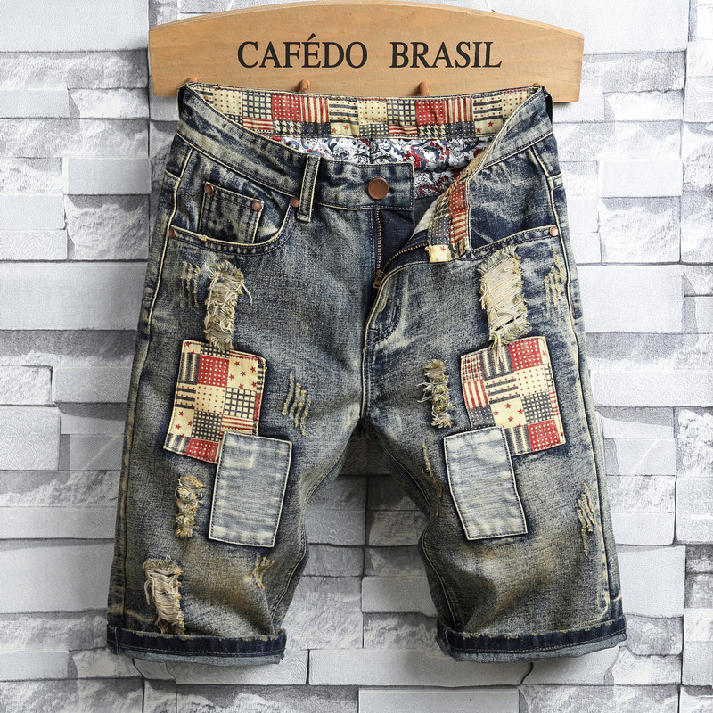 Title 8, Calças Jeans de Verão Masculinas com Patches Re...