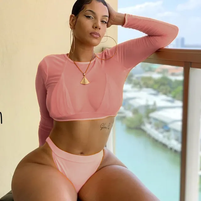 Neon Green Bikini Swimsuit Women Sexy Long Sleeve Swimwear Women High Waist Bikini Set High Cut Bathing Suit Pink - Shop at LoveMi
