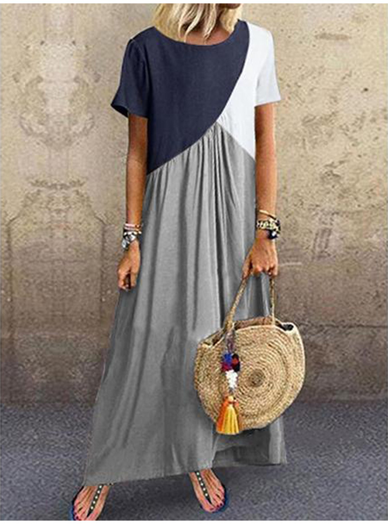 Colorblock Round Neck Short Sleeve Dress