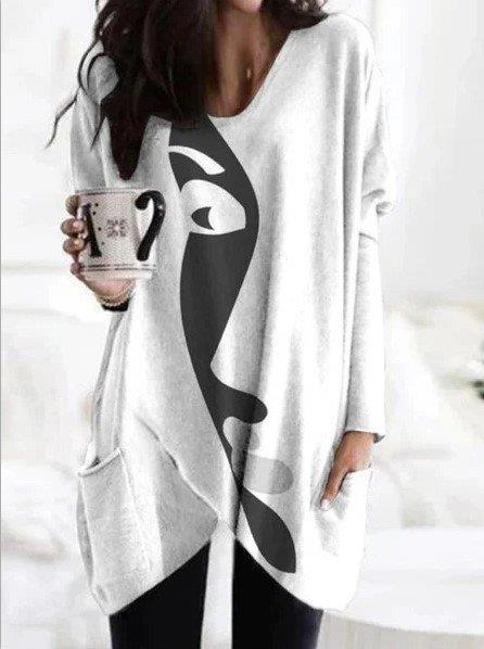  New Spring And Autumn Long-Sleeved Loose Print Pullover Mid-Length T-Shirt Women