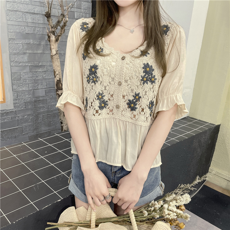 Summer New Style French Chiffon Shirt Crochet Embroidery Knitting Hollow Short Sleeves