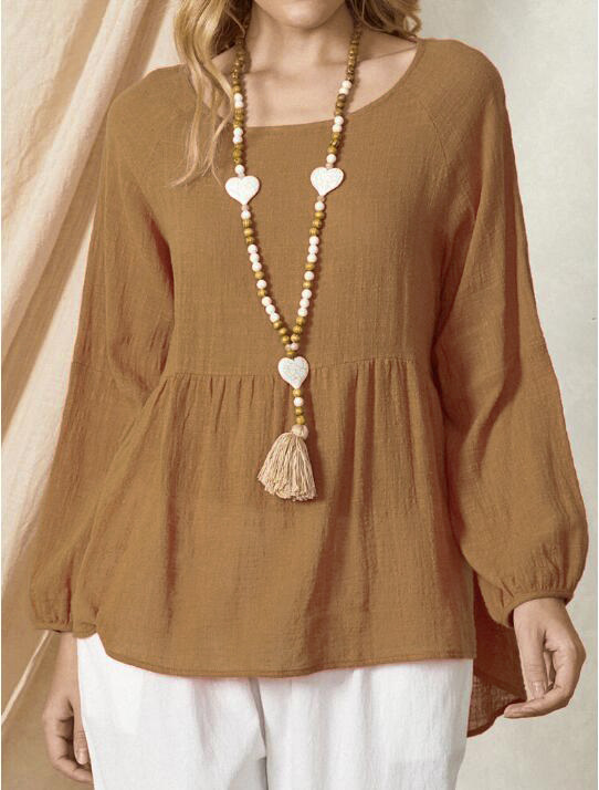 Solid Color College Style Long-sleeved Round Neck Shirt