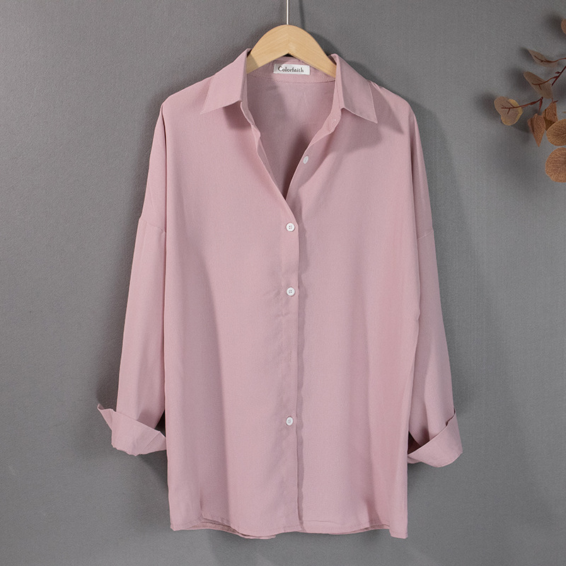 Mid-length Ladies Long-sleeved Shirt Spring And Summer New Korean Fashion Solid Color Casual Shirt Top Ins