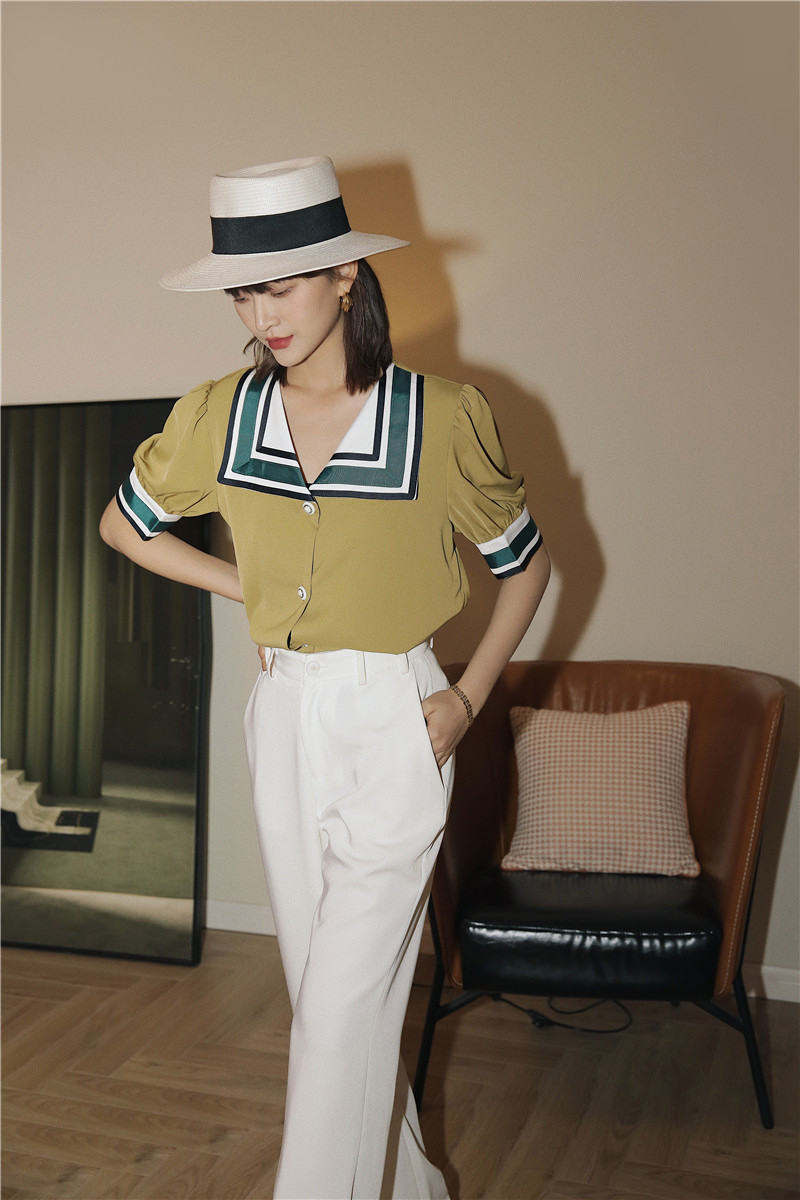 Retro Navy Collar Puff Sleeve Shirt Loose And Thin