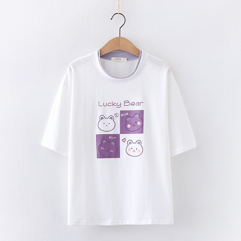 College Style Cartoon Bear Print Color Matching Double Neck Pullover Short Sleeve T-Shirt And Plaid Pleated High Waist Skirt Suit Female