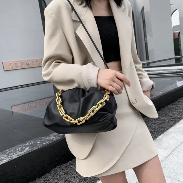 Korean Version Of Plush Folds Fashion Chain Cloud Handbag Black - Shop at LoveMi
