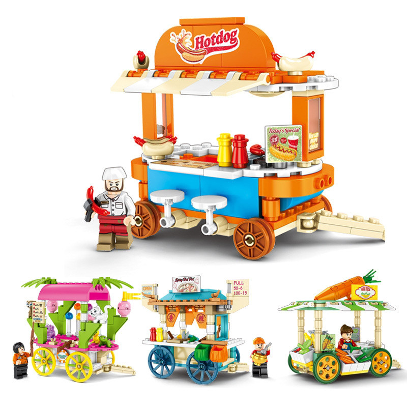 Senbao 601113-601116 Building Blocks Pedestrian Street Takeaway Trolley Mini Street View DIY Children Assembling Toys