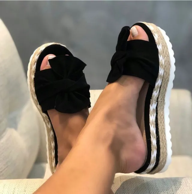Platform Wedge Heel Ladies Bow Sandals Black - Shop at LoveMi