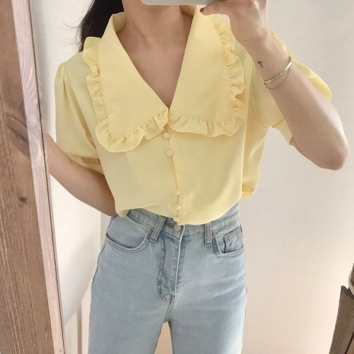 Spring And Summer Women's Korean Chic Wood Ear Women's Yellow Chiffon Shirt Doll Collar Top Women