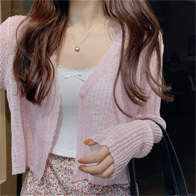 Sunscreen Ice Silk Knitted Cardigan Long-sleeved Short White Coat