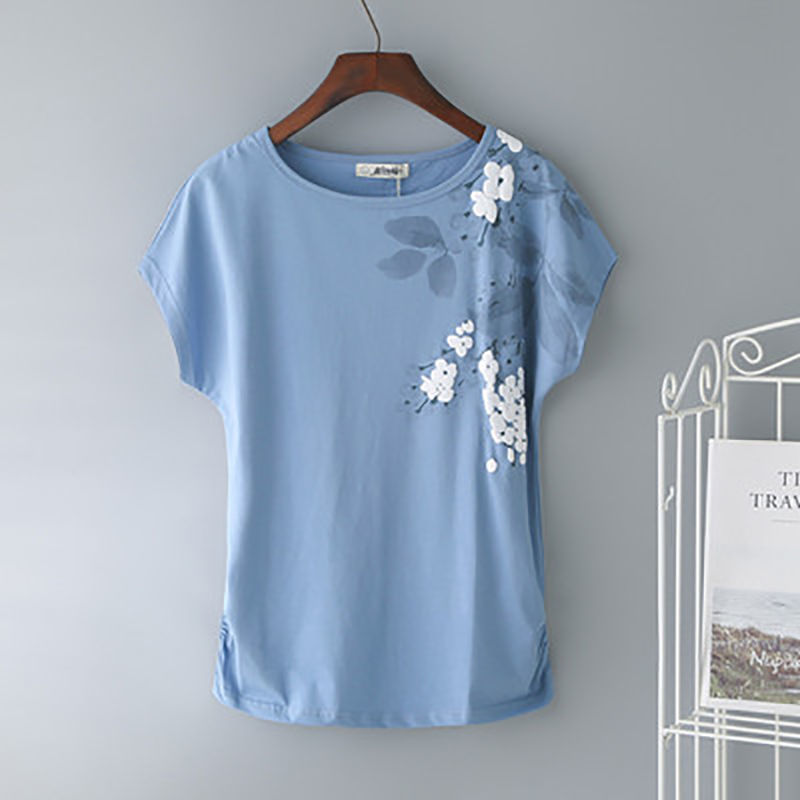 Large Size White Short Sleeved Women's T Shirt Summer New Loose Bottoming Shirt Blue - Shop at LoveMi