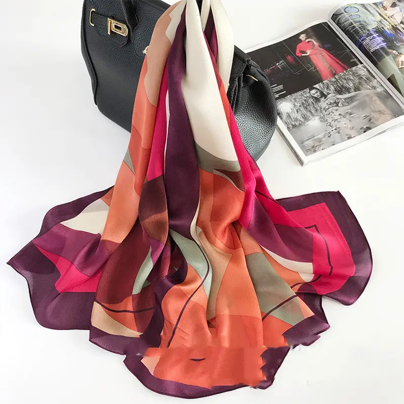 Silk Scarves Spring and Autumn Geometric Pattern Long Scarf