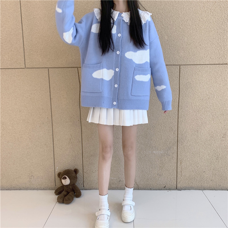 Sweet Blue Sky And White Clouds Knitted Cardigan Women Autumn And Winter Loose Round Neck