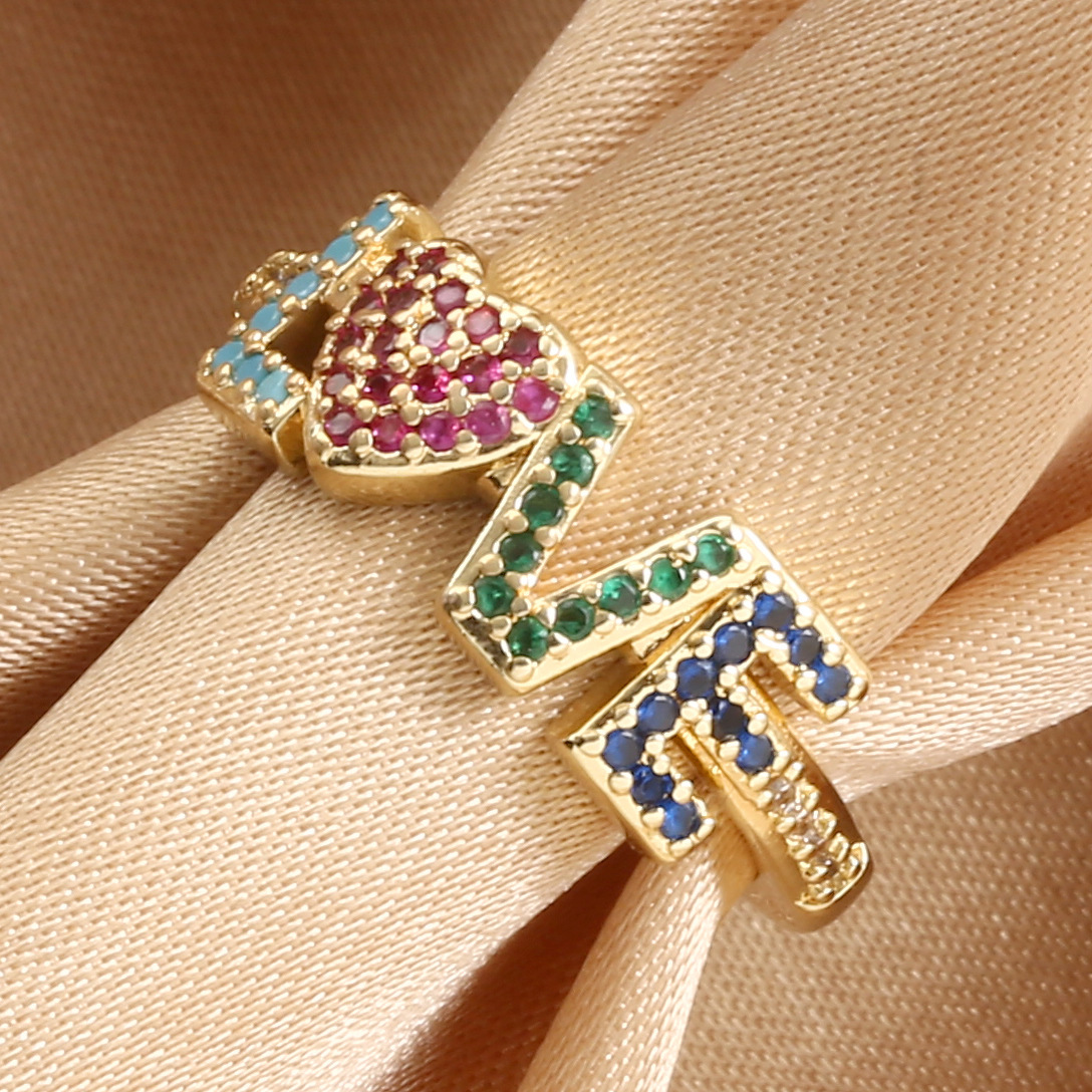 Sweet Micro-Inlaid Color Zircon Love Love Ring Female Fashion Romantic Ring Ring