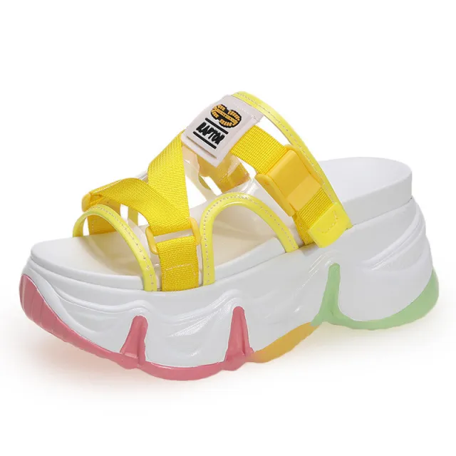 Thick soled Rainbow Sandals And Slippers Fashion Transparent Sponge Cake High Heels Yellow - Shop at LoveMi