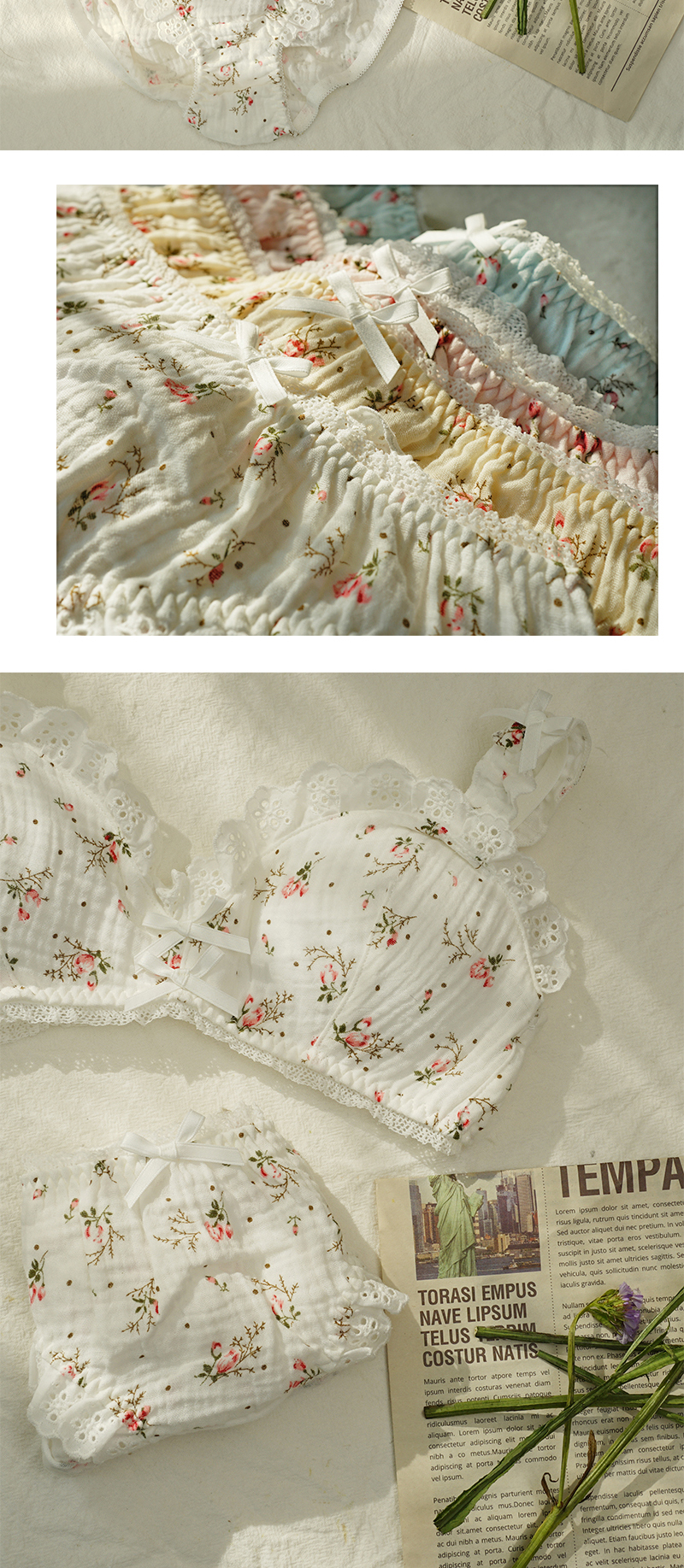 Elegant French Floral Cotton Retro Cotton Underwear Set