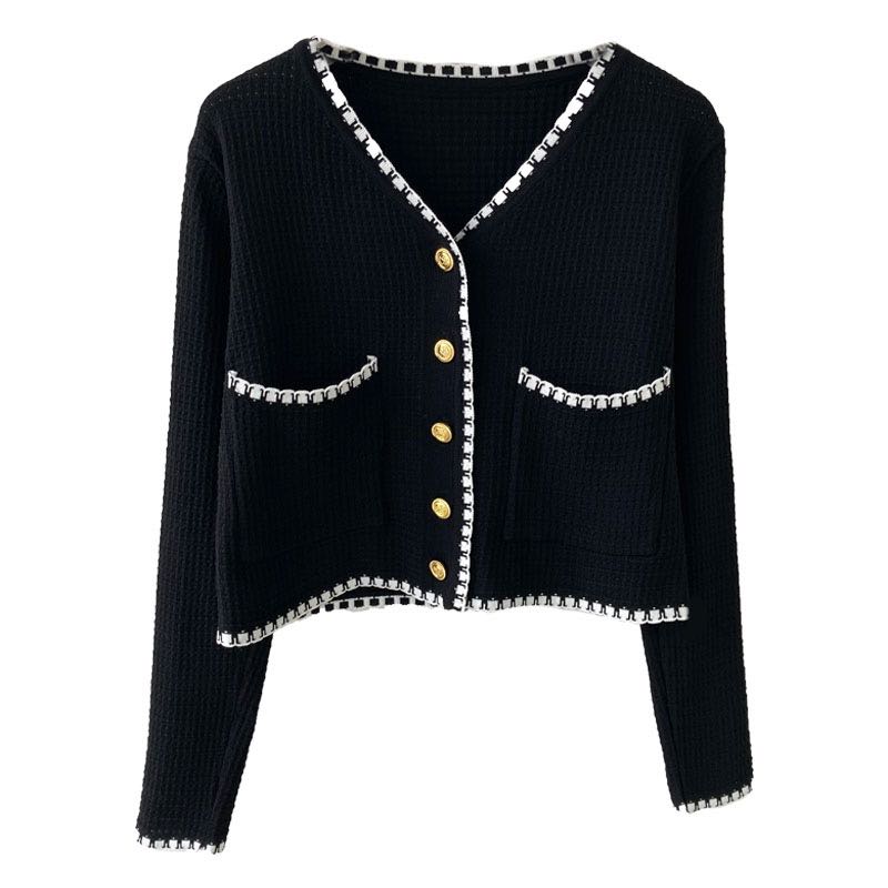 Knitted Cardigan Early Tree Thin Short Jacket Top Long Sleeve Black and White