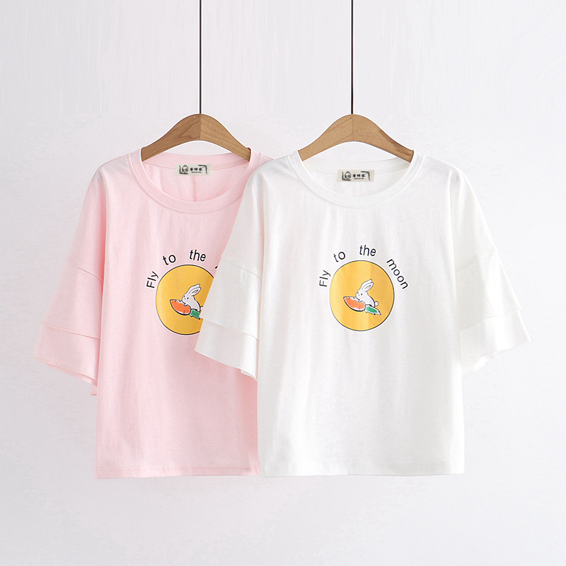 Soft girl College Style Sweet And Cute Bunny Carrot Loose Short Sleeved T shirt Student Girl Junior High School Student Summer Clothes